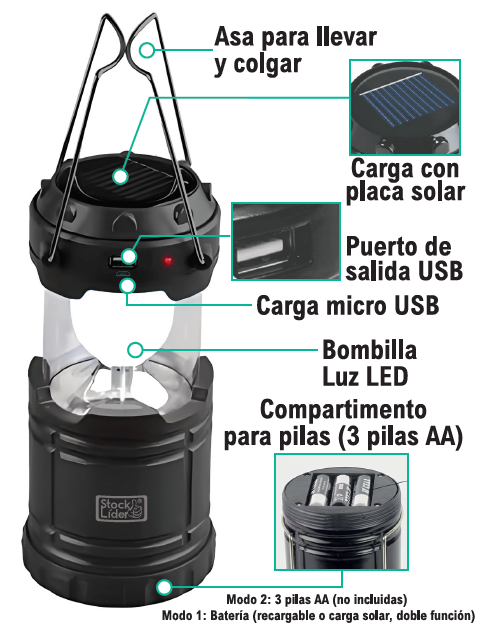 Lámpara Camping Solar y a Pilas StockLíder – Luz Potente, Energía Infinita
