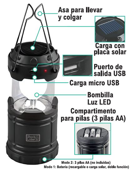 Lámpara Camping Solar y a Pilas StockLíder – Luz Potente, Energía Infinita